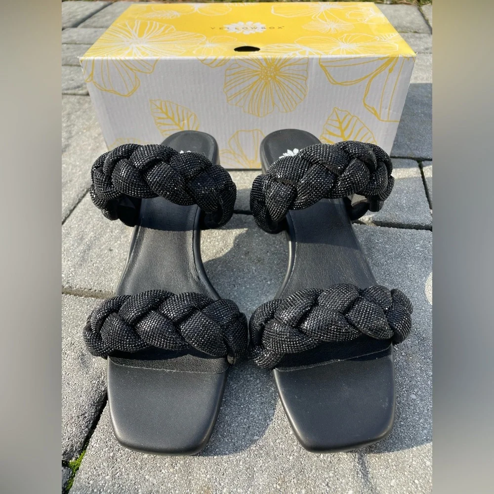 Women’s Yellow Box Ceala Black Braided Sparkling Block Heel Sandals 8 ✨NEW✨ - Picture 4 of 9